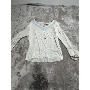 Anchor Blue Blouse Pullover Women's Size Large White Long Sleeve Semi-Sheer Flaw